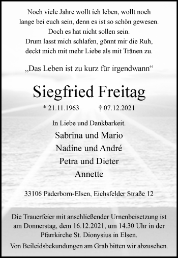 Traueranzeige von Siegfried Freitag von Westfalen-Blatt