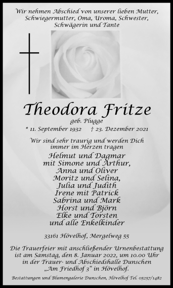 Traueranzeige von Theodora Fritze von Westfalen-Blatt