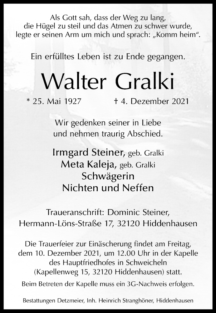 Traueranzeige für Walter Gralki vom 07.12.2021 aus Westfalen-Blatt