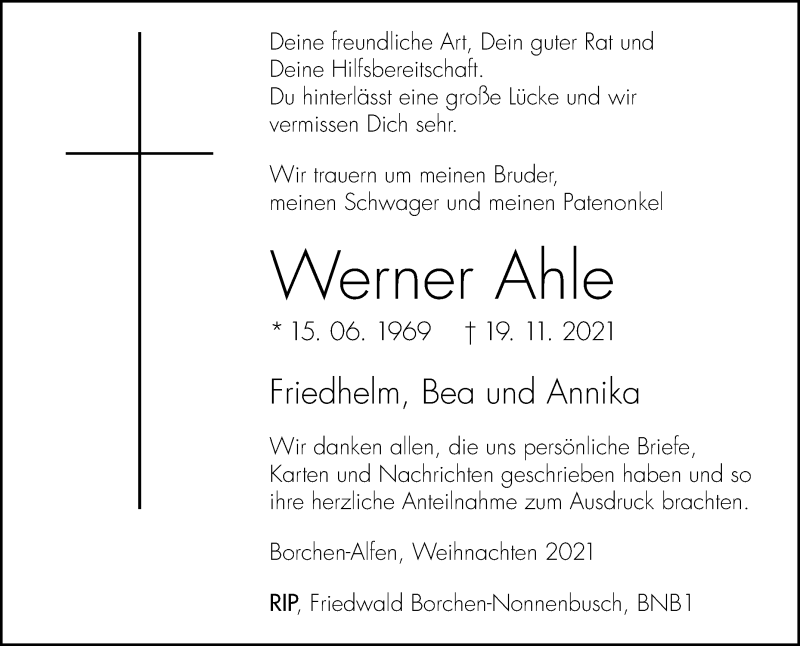  Traueranzeige für Werner Ahle vom 24.12.2021 aus Westfalen-Blatt