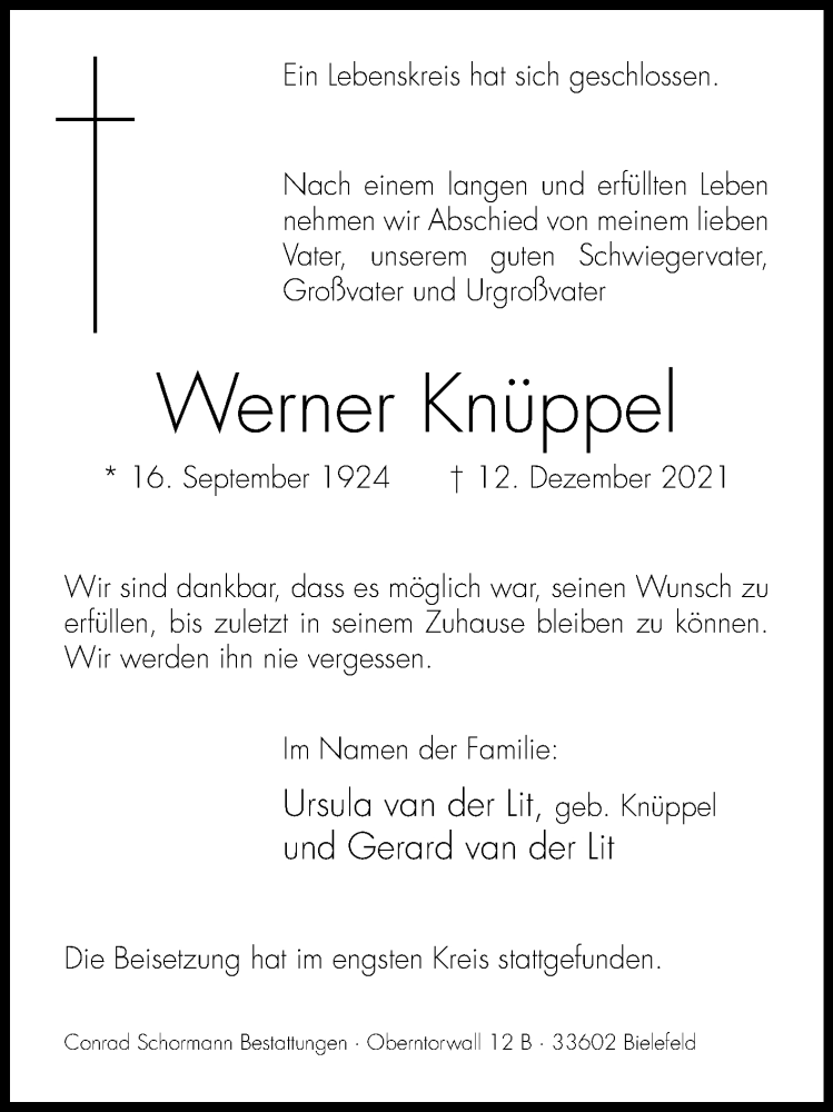  Traueranzeige für Werner Knüppel vom 24.12.2021 aus Westfalen-Blatt