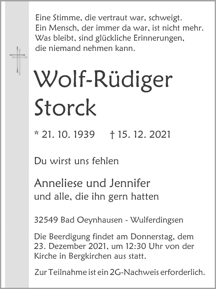  Traueranzeige für Wolf-Rüdiger Storck vom 22.12.2021 aus Westfalen-Blatt