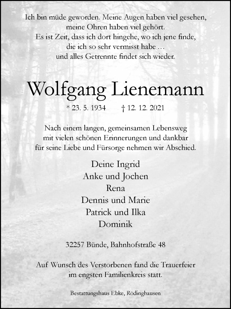  Traueranzeige für Wolfgang Lienemann vom 18.12.2021 aus Westfalen-Blatt