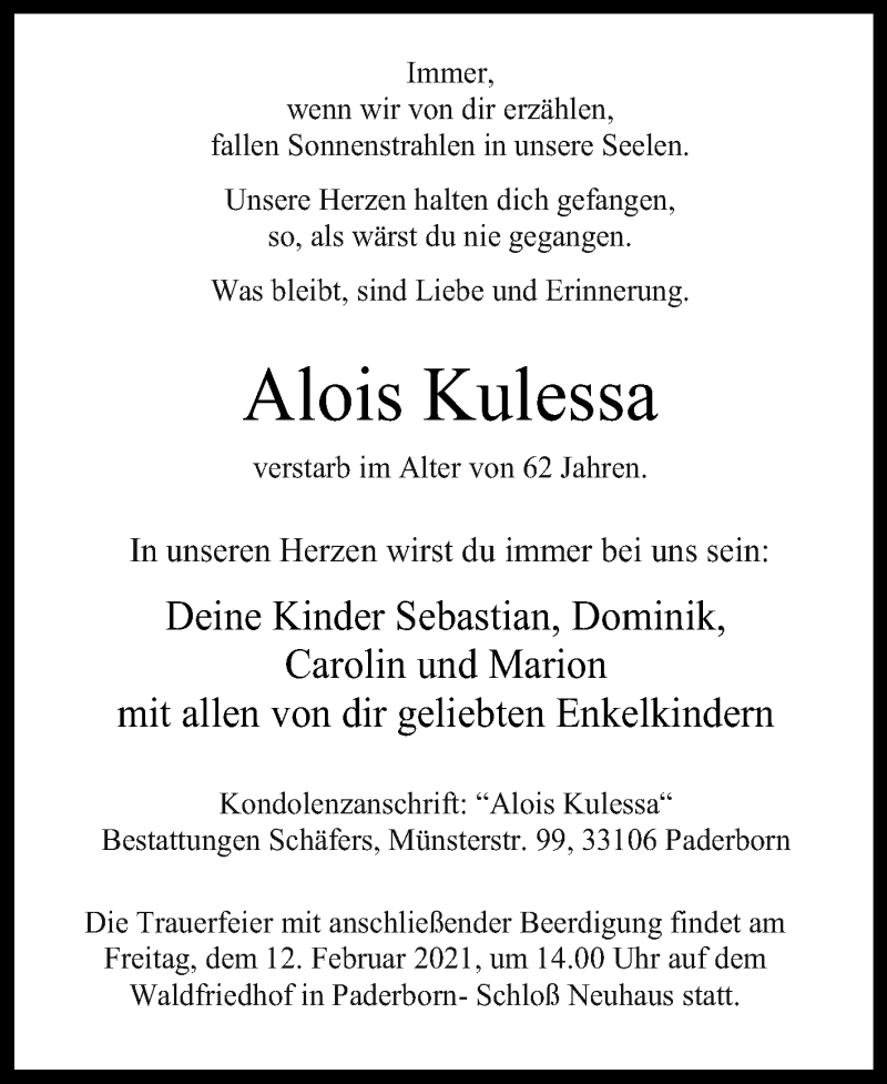  Traueranzeige für Alois Kulessa vom 06.02.2021 aus Westfalen-Blatt