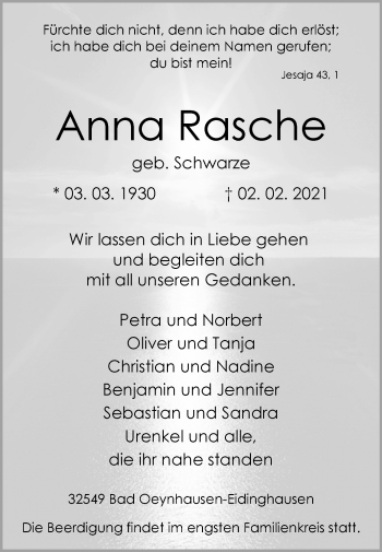 Traueranzeige von Anna Rasche von Westfalen-Blatt