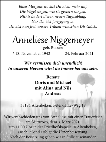 Traueranzeige von Anneliese Niggemeyer von Westfalen-Blatt