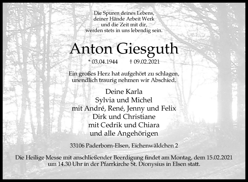  Traueranzeige für Anton Giesguth vom 12.02.2021 aus Westfalen-Blatt