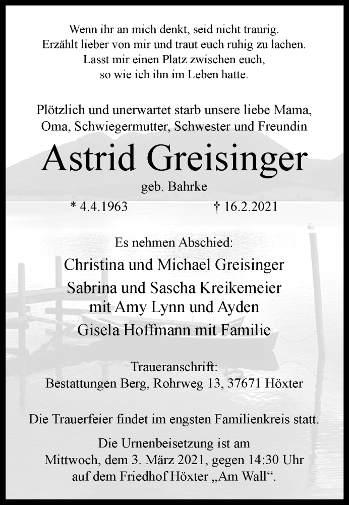 Traueranzeige für Astrid Greisinger vom 27.02.2021 aus Westfalen-Blatt