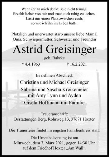 Traueranzeige von Astrid Greisinger von Westfalen-Blatt