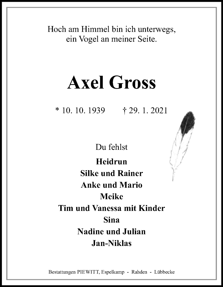  Traueranzeige für Axel Gross vom 02.02.2021 aus Westfalen-Blatt