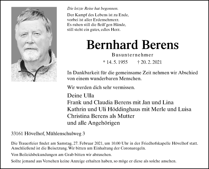  Traueranzeige für Bernhard Berens vom 23.02.2021 aus Westfalen-Blatt