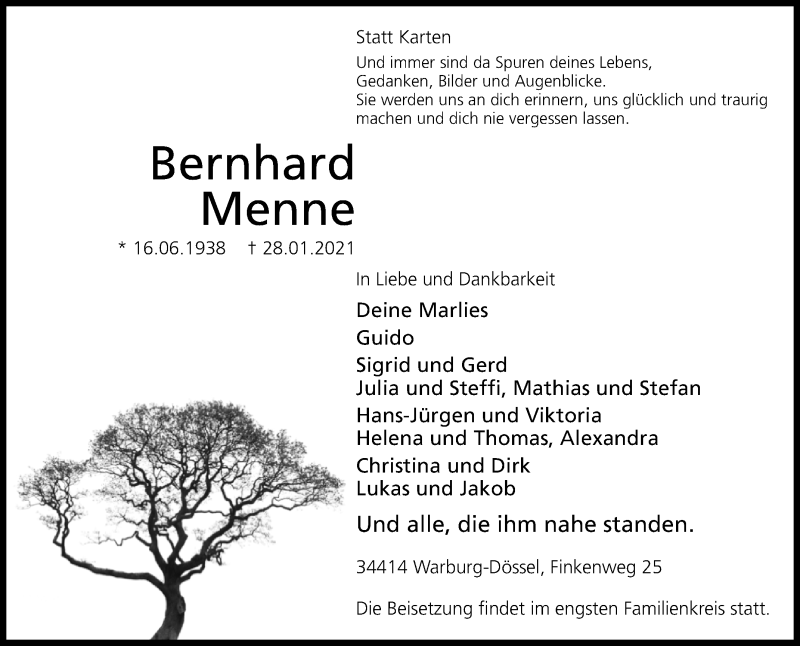  Traueranzeige für Bernhard Menne vom 02.02.2021 aus Westfalen-Blatt
