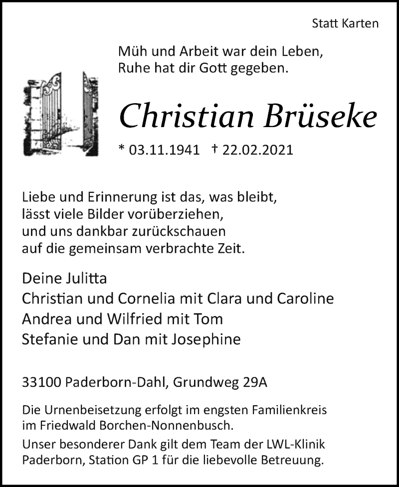  Traueranzeige für Christian Brüseke vom 27.02.2021 aus Westfalen-Blatt