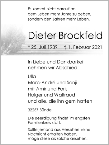 Traueranzeige von Dieter Brockfeld von Westfalen-Blatt