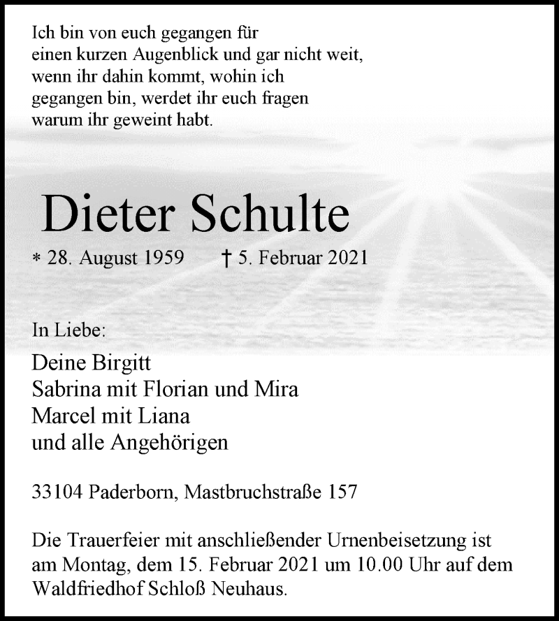  Traueranzeige für Dieter Schulte vom 13.02.2021 aus Westfalen-Blatt
