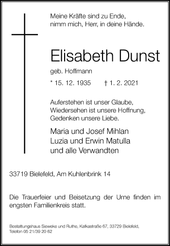 Traueranzeige von Elisabeth Dunst von Westfalen-Blatt