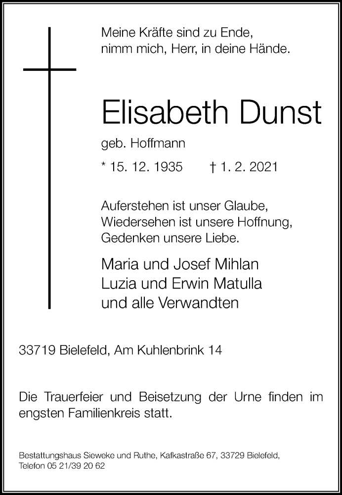  Traueranzeige für Elisabeth Dunst vom 06.02.2021 aus Westfalen-Blatt