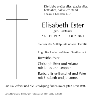Traueranzeige von Elisabeth Ester von Westfalen-Blatt