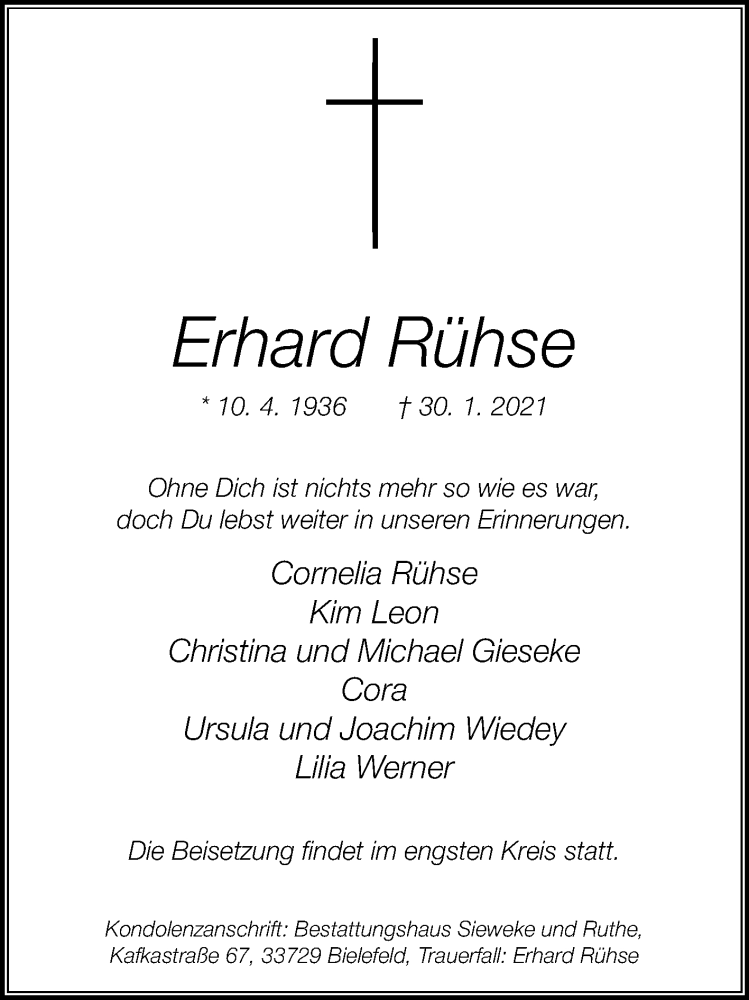  Traueranzeige für Erhard Rühse vom 06.02.2021 aus Westfalen-Blatt