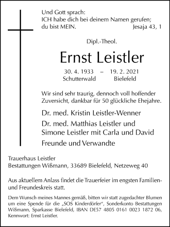 Traueranzeige von Ernst Leistler von Westfalen-Blatt