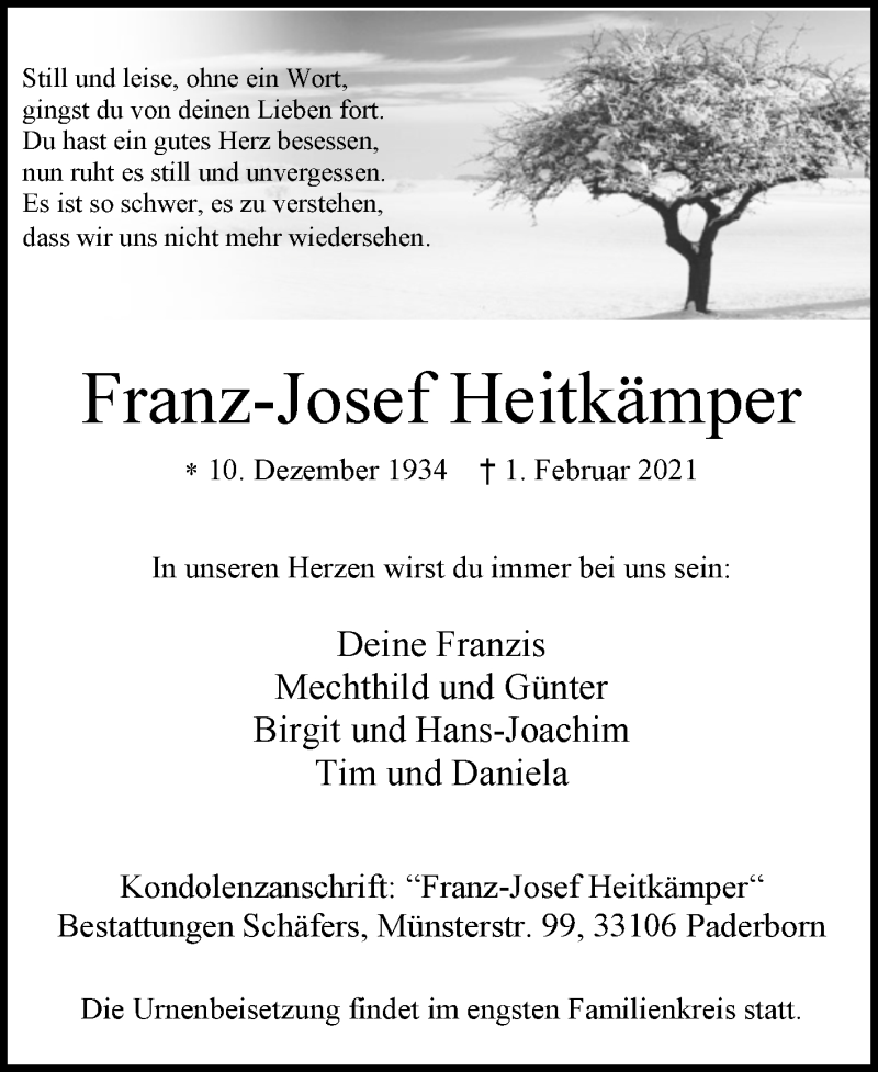  Traueranzeige für Franz-Josef Heitkämper vom 06.02.2021 aus Westfalen-Blatt