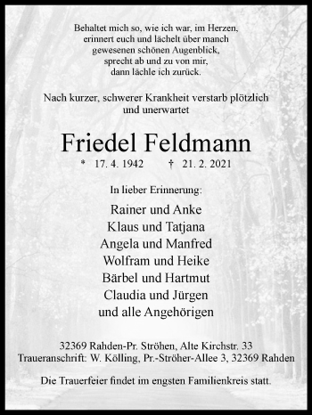 Traueranzeige von Friedel Feldmann von Westfalen-Blatt