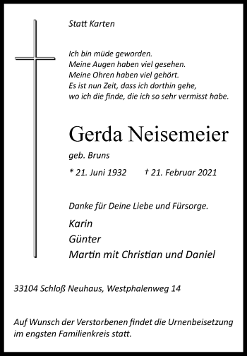 Traueranzeige von Gerda Neisemeier von Westfalen-Blatt