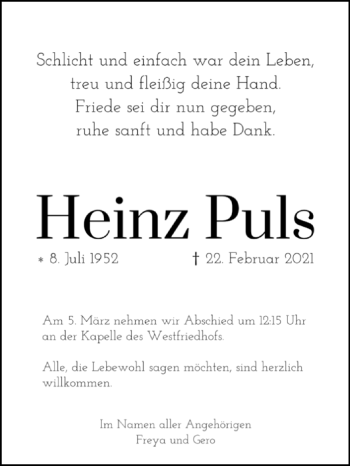 Traueranzeige von Heinz Puls von Westfalen-Blatt