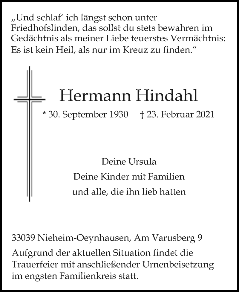  Traueranzeige für Hermann Hindahl vom 27.02.2021 aus Westfalen-Blatt