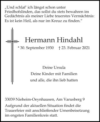 Traueranzeige von Hermann Hindahl von Westfalen-Blatt