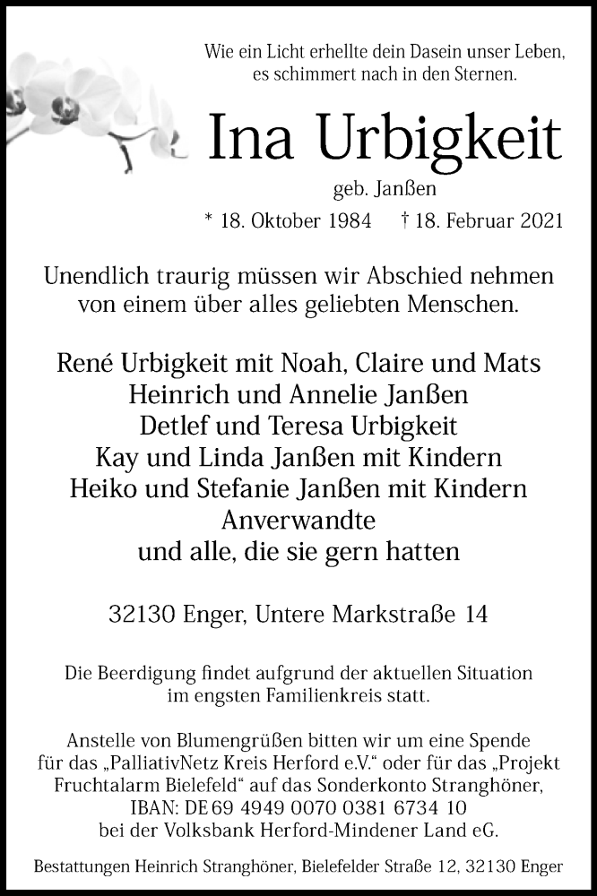  Traueranzeige für Ina Urbigkeit vom 23.02.2021 aus Westfalen-Blatt