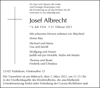 Traueranzeige von Josef Albrecht von Westfalen-Blatt