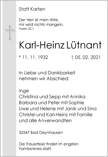 Traueranzeige von Karl-Heinz Lütnant von Westfalen-Blatt