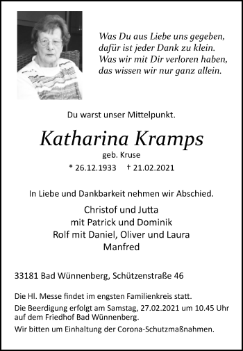 Traueranzeige von Katharina Kramps von Westfalen-Blatt