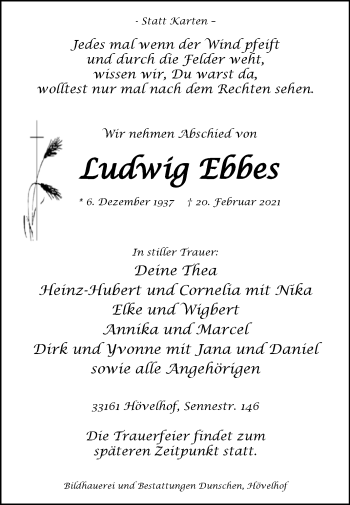 Traueranzeige von Ludwig Ebbes von Westfalen-Blatt