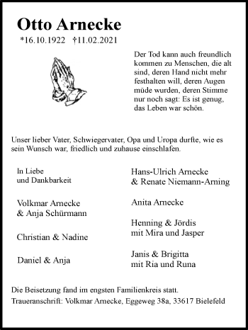 Traueranzeige von Otto Arnecke von Westfalen-Blatt