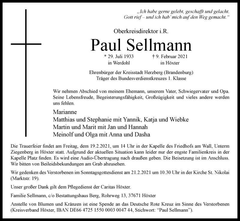  Traueranzeige für Paul Sellmann vom 13.02.2021 aus Westfalen-Blatt