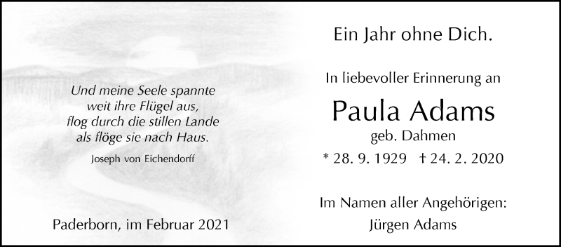  Traueranzeige für Paula Adams vom 24.02.2021 aus Westfalen-Blatt