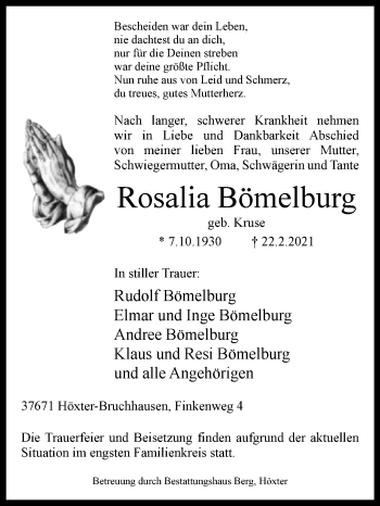 Traueranzeige von Rosalia Bömelburg von Westfalen-Blatt