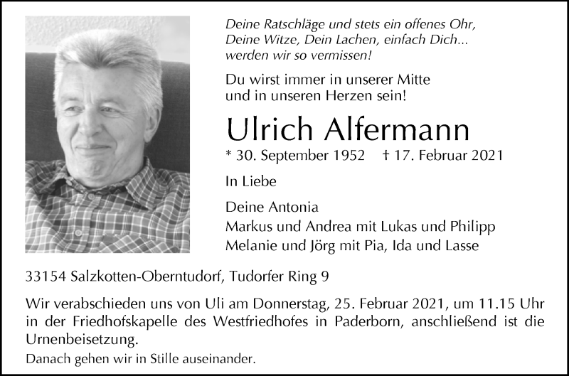  Traueranzeige für Ulrich Alfermann vom 20.02.2021 aus Westfalen-Blatt