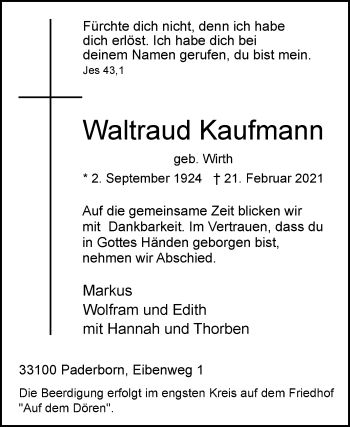 Traueranzeige von Waltraud Kaufmann von Westfalen-Blatt