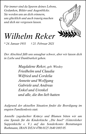 Traueranzeige von Wilhelm Reker von Westfalen-Blatt