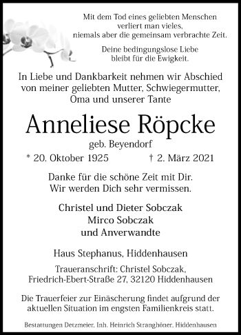 Traueranzeige von Anneliese Röpcke von Westfalen-Blatt