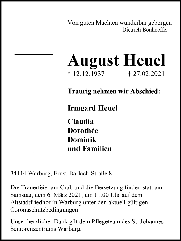  Traueranzeige für August Heuel vom 03.03.2021 aus Westfalen-Blatt