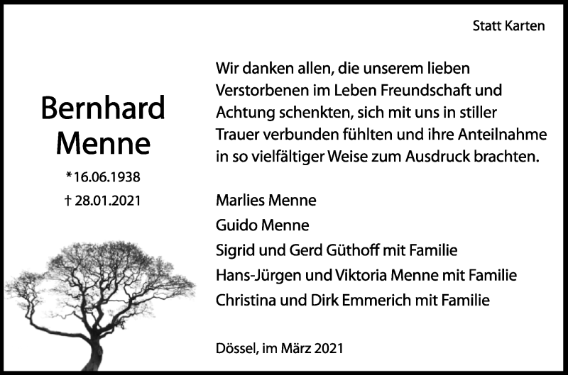  Traueranzeige für Bernhard Menne vom 13.03.2021 aus Westfalen-Blatt
