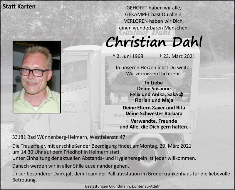  Traueranzeige für Christian Dahl vom 27.03.2021 aus Westfalen-Blatt