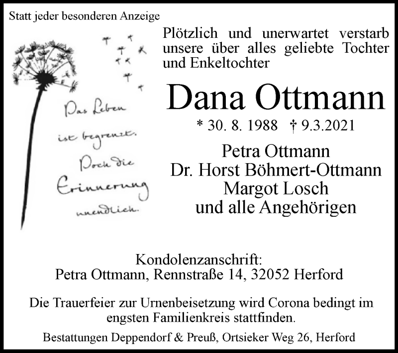  Traueranzeige für Dana Ottmann vom 27.03.2021 aus Westfalen-Blatt