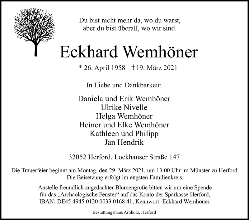  Traueranzeige für Eckhard Wemhöner vom 25.03.2021 aus Westfalen-Blatt