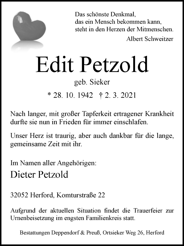  Traueranzeige für Edit Petzold vom 06.03.2021 aus Westfalen-Blatt