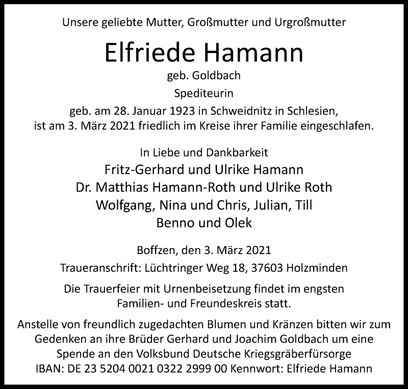  Traueranzeige für Elfriede Hamann vom 06.03.2021 aus Westfalen-Blatt